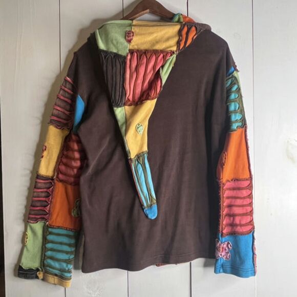 Boho Patchwork Hoodie Jacket XXL Handmade Nepal Festival Peace Sign Zip Up - Picture 6 of 12